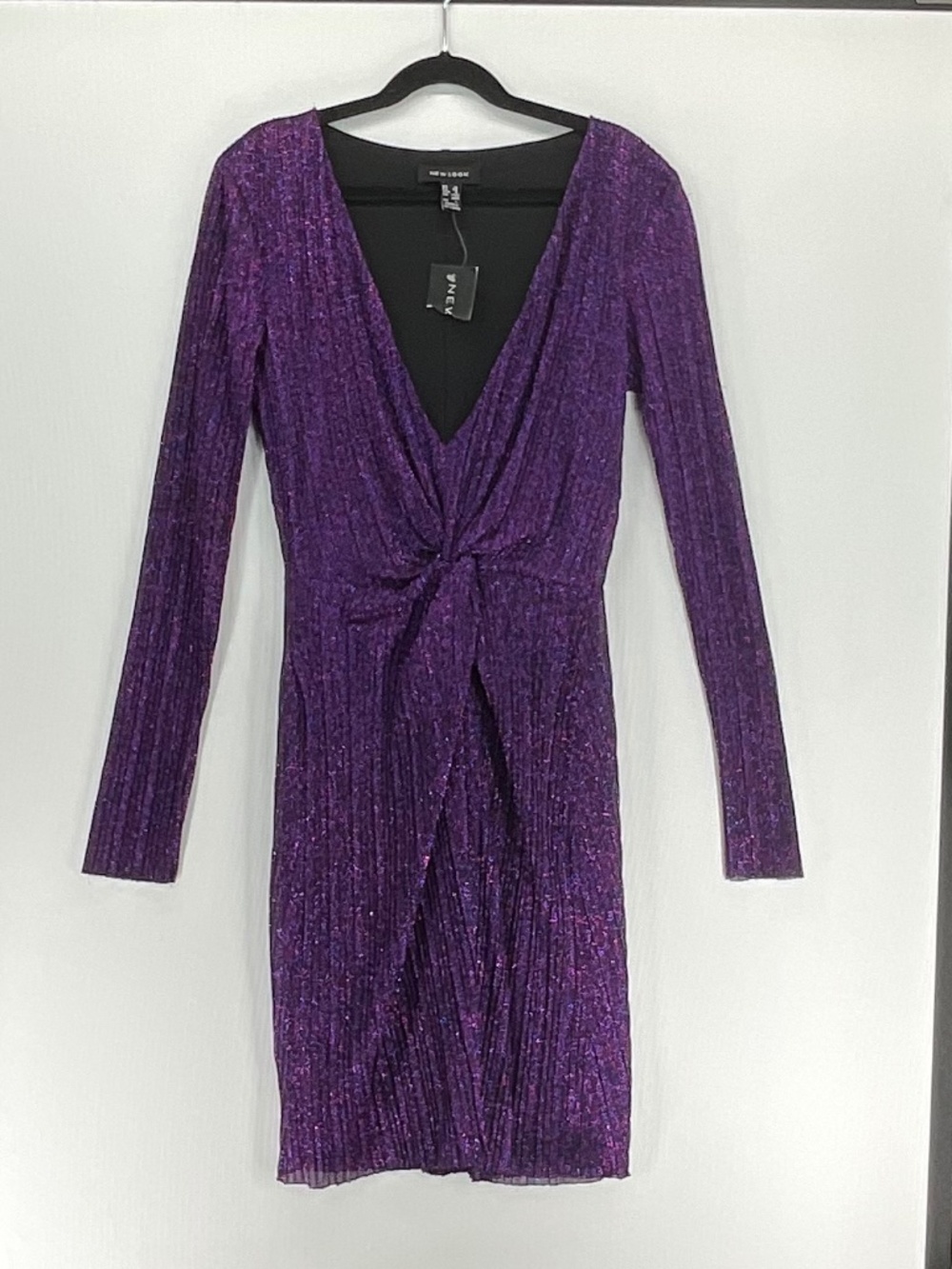 New Look Purple Metallic Glitter Twist Front Long Sleeve Mini Dress NWT US 6
